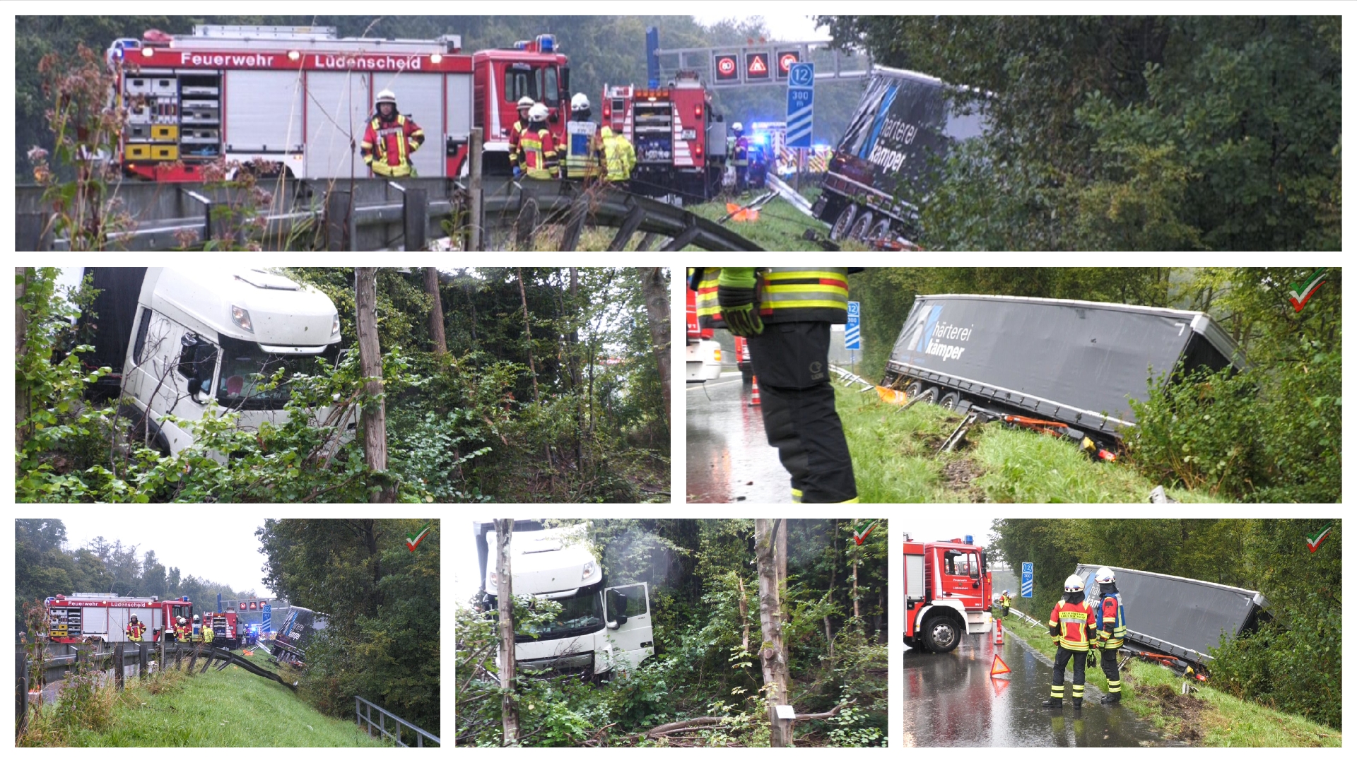 Schwerer LKW-Unfall – Sattelzug durchbricht Schutzplanke, wird von Bäumen gehalten