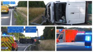 A45: Schwerer Unfall – Transporter überschlägt sich – Vier Verletzte, eine Person schwerstverletzt
