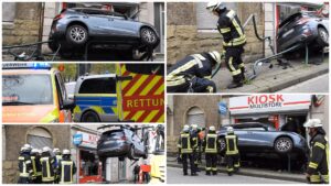 2026 04 03 – Kurioser Unfall – PKW vs. Schaufenster und Gehweg-Begrenzungen – Bergung on Tape