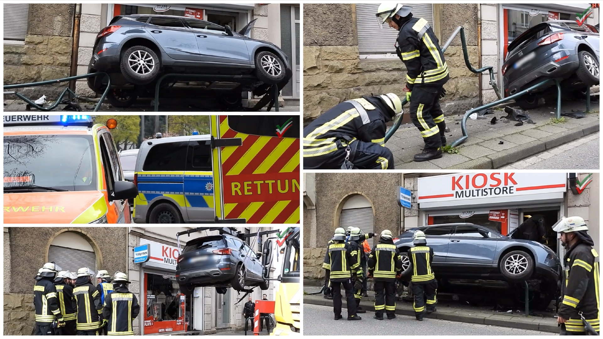 2026 04 03 – Kurioser Unfall – PKW vs. Schaufenster und Gehweg-Begrenzungen – Bergung on Tape